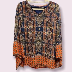 Wrangler tunic top paisley print boho sheer sleeves V-neckline size small